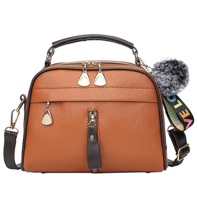 

Women Solid Color Faux Leather Tote Crossbody Shoulder Bag with Pompom Pendant