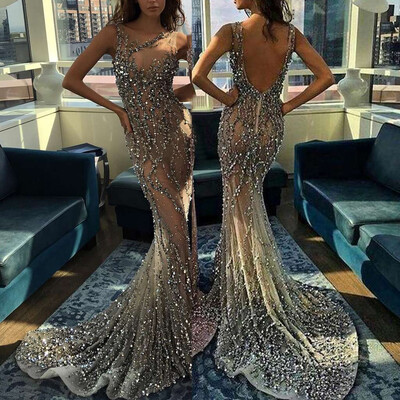 

〖Follure〗Women Sexy Lace Sequin Solid Sleevless Back Hollow Long Party Elegant Dress