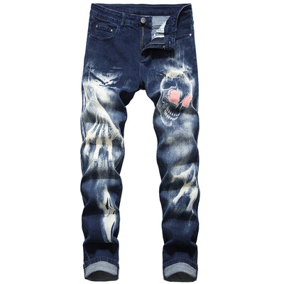 

Gobestart Mens New Fashion 3D Personality Slim Color Print Stretch Denim Trousers