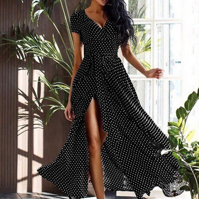 

Women Short Sleeve Beach Wind Middle Waist V Neck Large Swing Dress