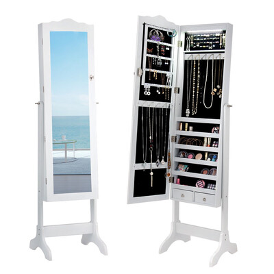 

Mirrored Jewelry Cabinet Storage With Drawer And Led Lights -White