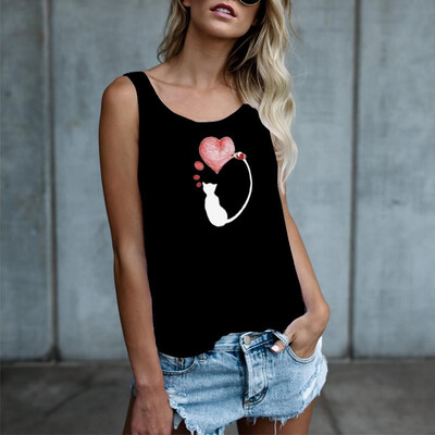 

Casual Women Cat Print Tank Top Scoop Neck Sleeveless Racer Back Summer Autumn Vest Tee Shirt