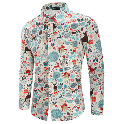 

2019 New Arrival Hot Sale Casual Christmas Santa Christmas Tree 3D Print Shirt Long Sleeve Stand Collar Slim Fit Shirt Plus Size
