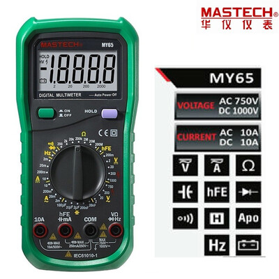 

MASTECH MY65 Digital Multimeter DMM ACDC Voltmeter Ammeter Ohmmeter w Capacitance Frequency & hFE Test Voltimetro Tester