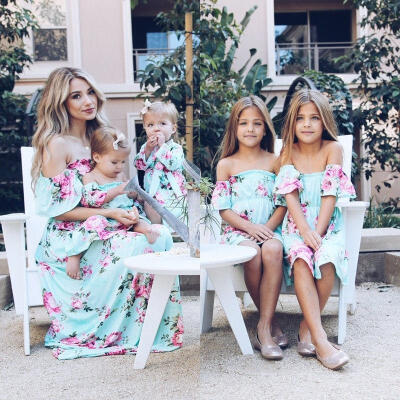 

Family Matching Clothes Mother Daughter Formal Parent Off Shoulder Maxi Long Dress Floral Sundress