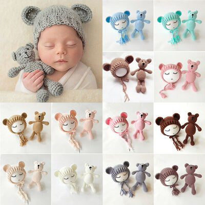 

Newborn Baby Bear Hat Set Girls Boys Photography Crochet Knit Costume