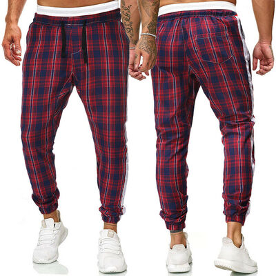 

Mens Checkered Track Pants Premium Plaid Stretch Skinny Fit Casual Trousers Pant