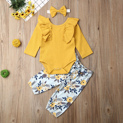 

Autumn Newborn Baby Kids Girl Outfits Romper TopsFloral PantsHeadband Set