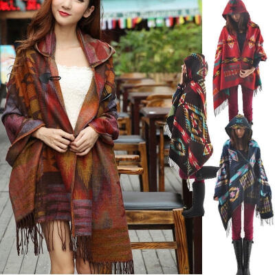 

Women Fashion Bohemian Collar Plaid Cape Cloak Poncho Jacket Coat Shawl Scarf