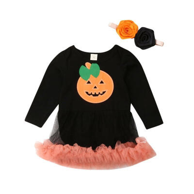 

Newborn Baby Girl Clothes Pumpkin Long Sleeve Romper Tutu DressHeadband Outfits