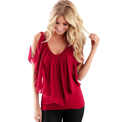 

Women Solid Short Bat Sleeve Casual Patchwork Chiffon Blouse Tops Tees