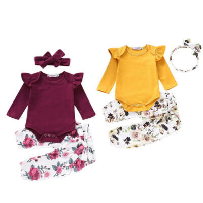 

UK Newborn Baby Girls Cotton Tops Romper Floral Pants 3PCS Outfits Set Clothes