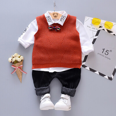 

Autumn Baby Boy Long Sleeve Letters Print Shirt Sleeveless Sweater Striped Trousers Casual Outfits