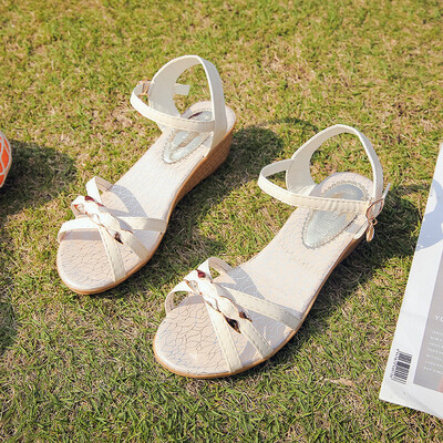 

Womens Sandals Summer Korean Mid-heel Wedge Buckle Womens Shoes Open-toed Student Beach Shoes Tide