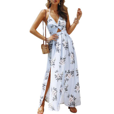 

Women Halter V Neck Floral Dress Backless Beach Holiday Split Maxi Dress