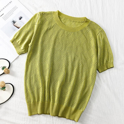 

Elegant Summer Autumn Woman T-Shirt Hollow Crochet Flower Thin Short-Sleeved Round Neck Pullover Knit Comfort T Shirt