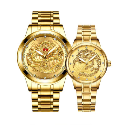 

2 pcs luxury diamonds Couple watches golden Dragon Phoenix stainless steel watch for men&women fashion lovers gift clock