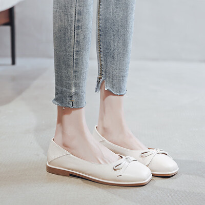 

Bow shallow mouth leather single shoes female fairy wind scoop shoes autumn wild square head la