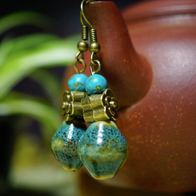 

New Ethnic Earrings Handmade Vintage Dangle Earrings Jewelry Chinese Wind Copper Accessory Ceramic Earrings