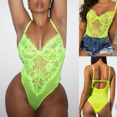 

Sexy Ladies Strappy Plunge V Neck Full Lace Cross Bodycon Bodysuit Women Tops