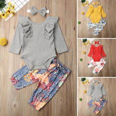 

US Newborn Baby Girl Winter Outfit Clothes Romper TopsFloral PantsHeadband Set