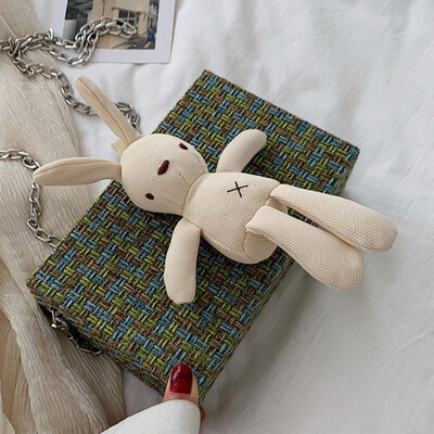

Bag womens bag 2019 new personality lattice cloth cartoon bunny bag literary fan slanted box bag