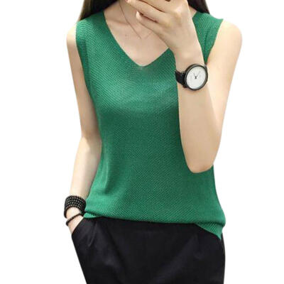 

Women Camisole Knit Sleeveless Vest Summer Pure Color Slim V-neck Tank Tops