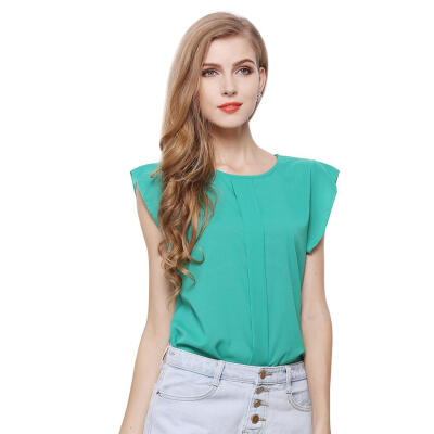 

Solid Color Chiffon Tees Tops Women Short Flying Sleeve Round Neck T-shirts