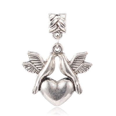 

Tibetan Style Alloy European Dangle Pendants Pigeons&Heart Antique Silver 43mm Hole 45mm