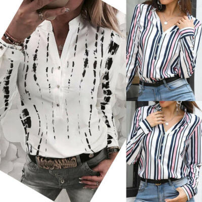 

2019 Women Long Sleeve V-neck Loose Tops T Shirt OL Stirped Casual Button Blouse