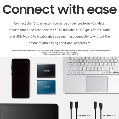 

SAMSUNG 1TB Type-c USB31 Portable SSD T5 Max 540MBs Transfer Speed Black
