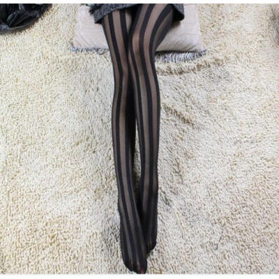 

Sexy Women Black Mesh Pattern Hosiery Tights Pantyhose High Long Socks vertical stripe Stockings