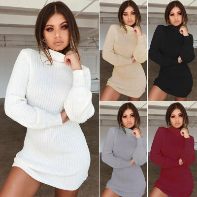 

Women Winter Knitted Jumper Gray Sweater Tops Pullover Knitwear Long Tops Dress