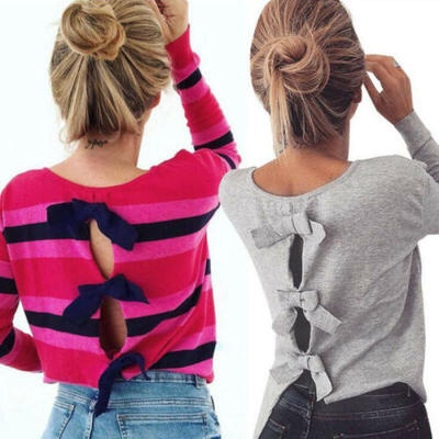 

AU Women Cotton Bowknot Shirt Long Sleeve Loose Blouse Ladies Tunic Casual Tops