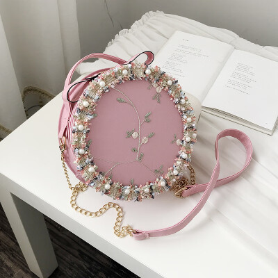 

Joker portable small round bag female 2019 new chic embroidered Sen fairy scarlet bag lace chain shoulder bag