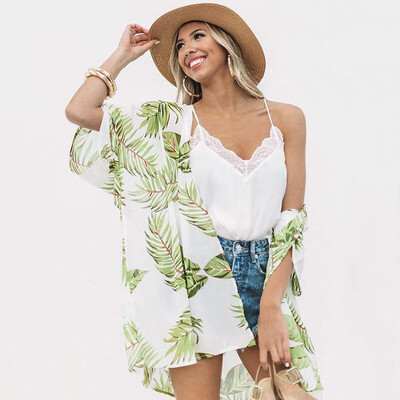 

New Women Chiffon Kimono Cardigan Leaves Print Boho Loose Outerwear Beachwear Bikini Cover Up