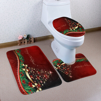 

Gobestart Merry Christmas Pedestal Rug Lid Toilet Cover Bath Mat 3PCSet E