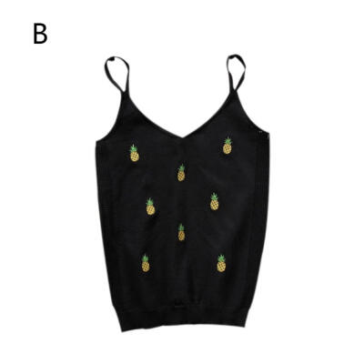 

Fashion Pineapple Pattern Embroidery V-neck Short Slim Knit Bottoming Camisole