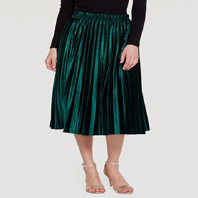 

Stretch Waist Solid Pleated Velvet Long Skirt