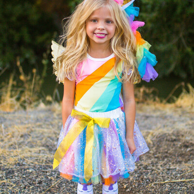 

Toddler Baby Kids Girls Fly Sleeve Rainbow Tops Ribbons Skirt Dresses Outfit Set