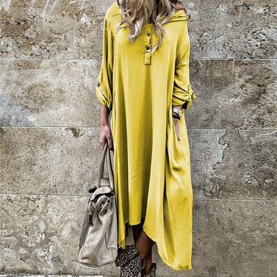 

Tailored Women Vintage Solid Button Loose Plus Size Long Sleeve Irregular Hoodie Dress