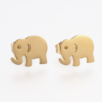 

304 Stainless Steel Stud Earrings Elephant Golden 8x10x1mm Pin 08mm
