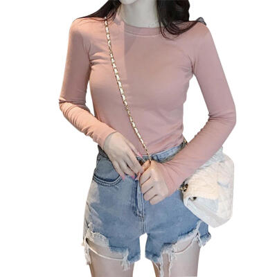 

Autumn Women Casual Basic T-shirts Solid Color Slim Fit Milk Silk Girls Top