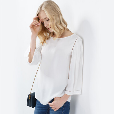 

CANVAUS Spring Women New Polyester White Loose Round Collar Nine Quarter Sleeve Wrinkled Chiffon Shirt Blouse Tops CS8004D
