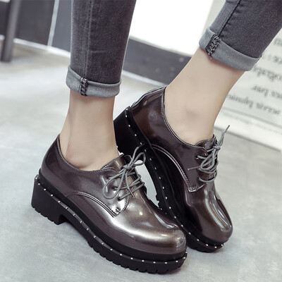 

British small leather shoes womens autumn thick-soled lace-up fashion Joker academic students thick-heeled womens shoes