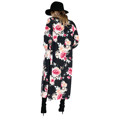 

New Women Kimono Cardigan Floral Print Open Front Boho Loose Outerwear Beach Bikini Cover Up Black