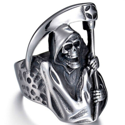 

Vintage Gothic Punk Grim Reaper Skull Ring Stainless Steel reapers sickle Ring Party Biker Jewelry