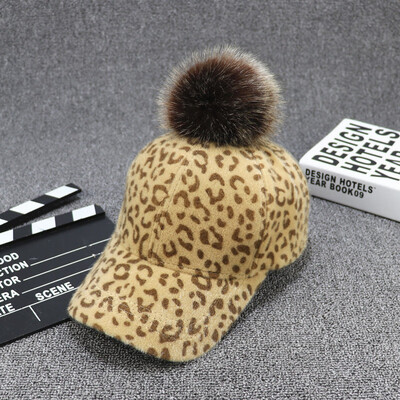 

Hat womens autumn&winter hair ball cap Korean version of the fluffy plush leopard print baseball cap students street sun hat