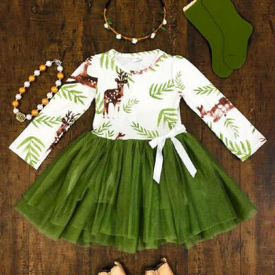 

USA Autumn Toddler Baby Girls Clothes Deer Party Princess Lace Dress Sundress