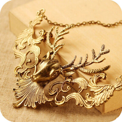 

Women Retro Statement Alloy Hollow Deer Head Pendant Insects Necklace Gift